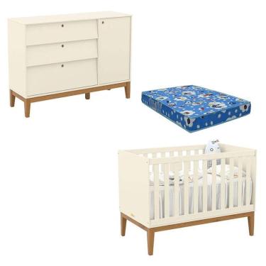 Imagem de Berço Americano e Cômoda Sapateira Unique Off White Eco Wood com Colchão Ortobom - Matic