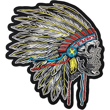 Imagem de [Tamanho grande] Colete Papapatch com penas cabeça de chefe indiano morte crânio motociclista jaqueta colete bordado costurar em ferro no remendo (IRON-FEATHER-INDIAN-03-GRANGE)