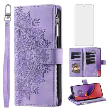 Imagem de Capa de telefone para Motorola Moto G84 5G capa carteira com protetor de tela de vidro temperado alça de pulso mandala flor couro flip zíper compartimento para cartão de crédito suporte celular G 84