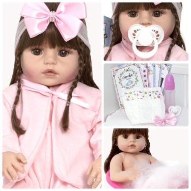 Imagem de Bebe Reborn 100% Silicone Cabelo Castanho + Enxoval 13 Itens - Cegonha