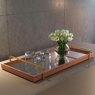 Imagem de Bandeja Decorativa Madeira Espelhada Alça Dourada - Larflex