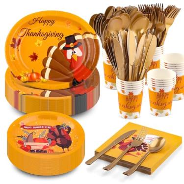 Imagem de Conjunto de 210 pratos de papel de Ação de Graças - (30 convidados) com pratos ovais de 25 x 30 cm e pratos de papel de 23 cm, guardanapos, copos, garfos, facas, colheres para suprimentos de festa de