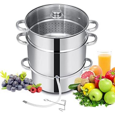 Imagem de FANTASK 11-Quart Steam Juicer, Pasta Pot with Tempered Glass Lid, Hose, Clamp, Safe Loop Handle, Easy to Use, Stainless Steel Steamer Pot for Cooking Fruit Vegetable, Silver