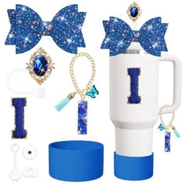 Imagem de Conjunto de acessórios para copos Stanley de 8 peças, incluindo tampa e bota de cobertura de canudo de silicone, tampa à prova de derramamento, pingente de alça, adesivo (azul escuro I)