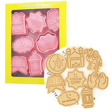 Imagem de 8 peças de cortadores de biscoito fofos Eid Mubarak de desenho animado molde de biscoito menor conjunto de carimbos de biscoito Bairam ferramentas de cozinha de plástico Eid al-Fitr prensa de cookies (menor Bairam 0209B)