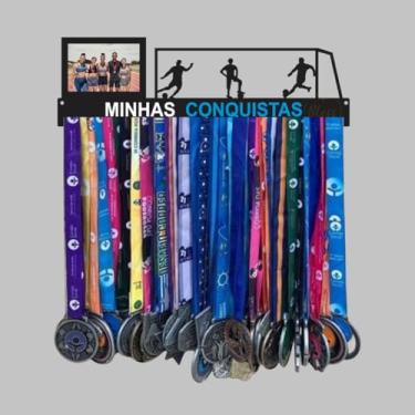 Imagem de Porta Medalhas de Futebol, Atacante Minhas Conquistas com Foto, Quadro Decorativo MDF