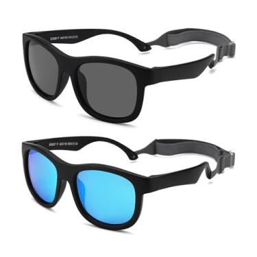 Imagem de Pro Acme Óculos de sol flexíveis polarizados para bebês com alça ajustável para bebês de 0 a 24 meses, (Pacote com 2) A4 preto/cinza + preto/azul espelhado, 40MM