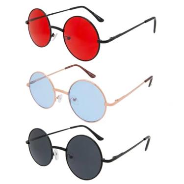 Imagem de Conjunto de 3 pares de óculos de sol redondos retrô vintage com armação de metal colorido modelo pequeno 43 mm, 43_red_blue_blk, Small