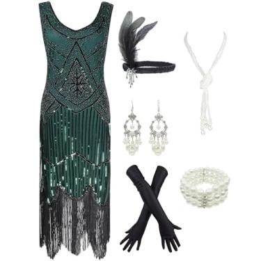 Imagem de Vestido melindrosa anos 20 Gatsby com lantejoulas e franjas Paisley com conjunto de acessórios dos anos 20 (2, Verde, X-Large