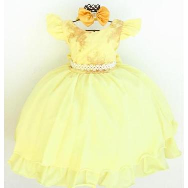 Imagem de Vestido Infantil Aniversario Amarelo Festa Luxo E Tiara - Pingo de Gen