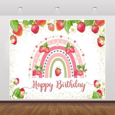 Imagem de Pano de fundo de morango feliz aniversário 3 x 2,4 m rosa morango arco-íris pastel aniversário fotografia verão fruta tema bebê recém-nascido festa bolo esmagamento fundo decoração cabine de fotos