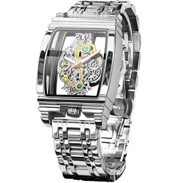 Imagem de FORSINING Relógio masculino de luxo com esqueleto vazado, retrô, lindo design de escultura retangular, com mostrador grande, cinto de couro e pulseira de aço inoxidável, relógio de pulso de quartzo, relógios não mecânicos, Prata