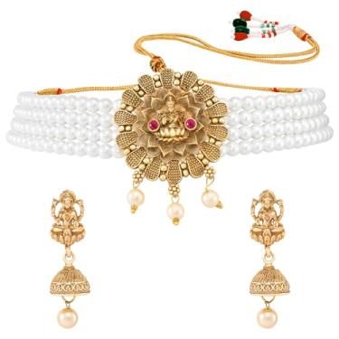 Imagem de Aheli Colar gargantilha tradicional banhado a ouro e brincos Jhumki Conjunto de joias de templo presente para mulheres, Onesize, Metal, Sem Pedra Preciosa