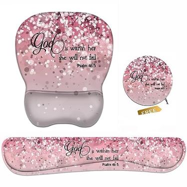 Imagem de Mouse pad ergonômico Suporte de pulso e apoio de pulso para teclado conjunto com porta-copos antiderrapante, base PU antiderrapante, fácil digitação e alívio da dor, perfeito para trabalho em casa, escritório estudando, citação versículos da Bíblia Salmo 46:5