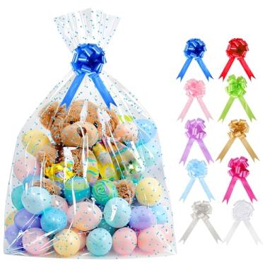 Imagem de Sacos de presente de celofane com fitas, cores sortidas, conjunto de 100 (bolinhas azuis, 10 peças - 76 cm x 101 cm)