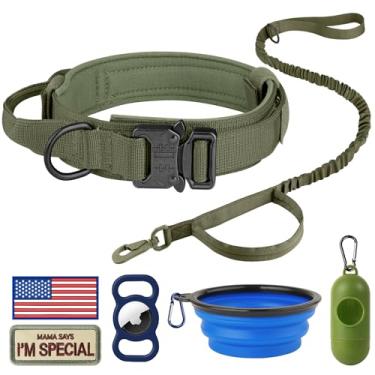 Imagem de HYDEME Coleira tática de nylon ajustável com alça de controle e fivela de metal pesado para cães médios e grandes, com estojo de adesivos e Airtags, dispensador de saco de cocô e tigela portátil. (M, conjunto verde)