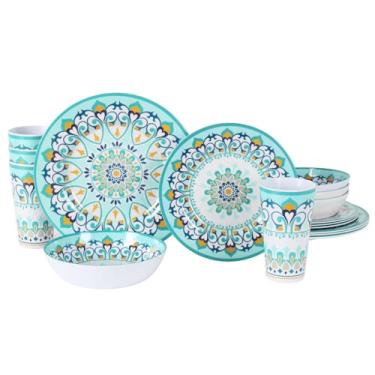 Imagem de DAPOTO Conjunto de louça de melamina para 4 a 12 peças: conjunto de pratos de acampamento com pratos de jantar, pratos de salada e tigelas. Leve e inquebrável. Uso interno e externo.