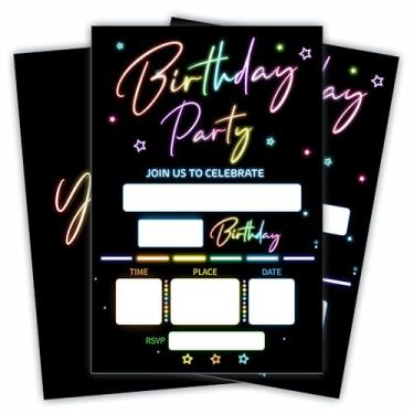 Imagem de JCVUK Convites de festa de aniversário de estrelas brilhantes - neon brilhante retrô - 20 peças de cartões de convite de preenchimento dupla face e envelopes para meninos, meninas, lembrancinhas de