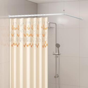 Imagem de Yampos Haste de cortina de chuveiro de canto em forma de L, 99 cm - 175 cm x 55" - 213 cm, ajustável, curva de 90 graus, haste quadrada sem ceder com 12 ganchos e suporte de teto - branca