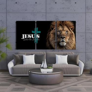 Imagem de Kit 3 Quadro Decorativo Leão de Judá Cristão Gospel 60x30cm