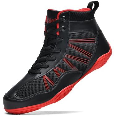 Imagem de DimaiGlobal Tênis de luta livre masculino de boxe com sola zero drop e cano alto, tênis fitness Taekwondo Karatê artes marciais para treinamento de halterofilismo, Preto/vermelho, 42