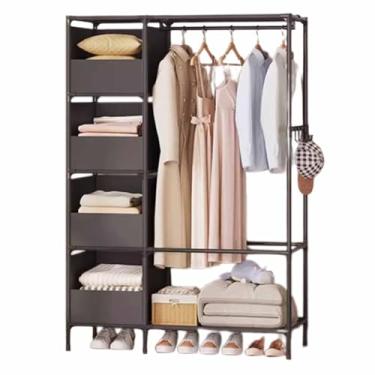 Imagem de Guarda-roupa Armário de guarda-roupa, não-tecido, fileira dupla única com cortinas, guarda-roupa, tubo de aço reforçado, armazenamento de roupas penduradas armário