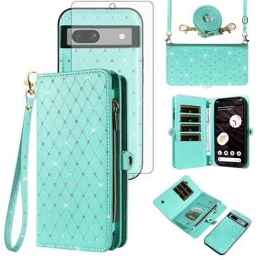 Imagem de Asuwish Capa de celular para Google Pixel 7A 5G 2023 com zíper carteira destacável com protetor de tela de vidro temperado alça transversal alça flip glitter porta-cartão slot Pixel7A A7 mulheres