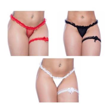 Imagem de Kit 3 Calcinhas Fio Dental com Persex Perneira Tanga Sensual Lingerie 