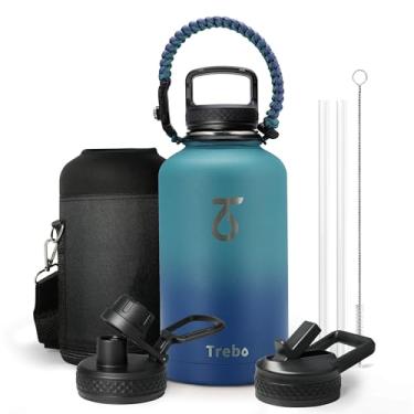 Imagem de Garrafa térmica de água Trebo, jarra com alça e 3 tampas, metal a vácuo, antivazamento, sem BPA, para academia, esportes, trilhas, viagens, mantém frio por 48 h, 1,9 L, azul-ciano