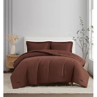 Imagem de Brooklyn Loom Conjunto de edredom de linho marrom casal/queen com 3 peças, tema de cor sólida, certificado de confiança Oeko-TEX