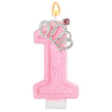 Imagem de Vela de aniversário rosa coroa número 1 velas 1º bolo vela, enfeite de bolo de aniversário rosa, decorações de cupcake, decoração de festa para meninas e mulheres, aniversário, celebrações,