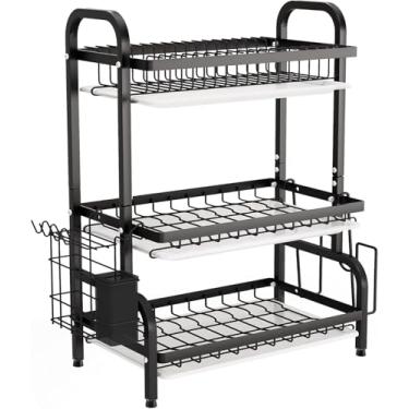 Imagem de Escorredor de Louça Preto Inox Três Andares Escorredor Suspenso Com Porta Pratos Talheres Copos Modular Versátil Antiferrugem Bandeja Coletora Água Antiderrapante Organização Casa Cozinha