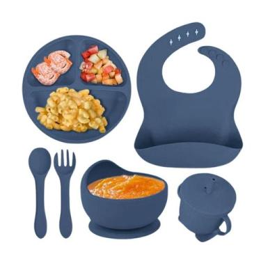 Imagem de Kit 6 Louças Refeição Bebê Silicone Colher Pratinho Babador Infantil V