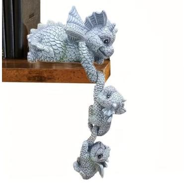 Imagem de Mellsunny Conjunto de 3 bonecos de dragão para pendurar na borda de uma prateleira ou mesa, animais de resina, estatuetas colecionáveis para decoração de jardim e casa