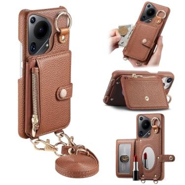 Imagem de Capa de telefone carteira transversal removível durável para Huawei Pura 70 Ultra, bolsa com zíper, suporte de anel, espelho integrado, compartimento para cartão, suporte de vários ângulos em elegante