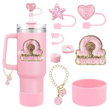 Imagem de RQYDYZMJ Conjunto de acessórios de copo de 8 peças, com uma corrente e pingente de constelação, adesivo de constelação e tampa de palha para copos Stanley de 850 g ou 1,134 g (Rosa-Libra)