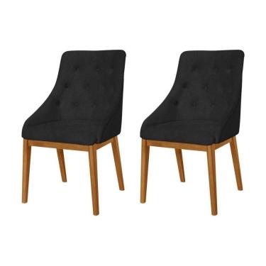 Imagem de Kit 2 Cadeiras De Jantar Luxo Estofada Elisa Anatômica Capitonê Em Couro Pu Preto Base Madeira Maciç