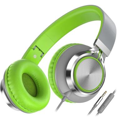 Imagem de Fones de ouvido AILIHEN C8 Supra-auriculares, com microfone e controle de volume, com fio de 3,5 mm para meninos, meninas, smartphones, Chromebook, laptop, tablets, viagens de avião (cinza e verde)