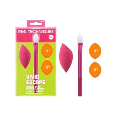 Imagem de Real Techniques Conjunto de 4 corretivos Vivid Escape Bright Eyes, inclui pincel de maquiagem de pata de gatinho, pó e esponja de mistura de corretivo, ocultação direcionada, adequada para viagens,