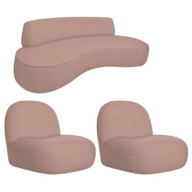 Imagem de Sofá Curvo 130cm 2l E 2 Poltronas Orgânico Recepção Sala Amsterdã Linho Adj Decor Rosê