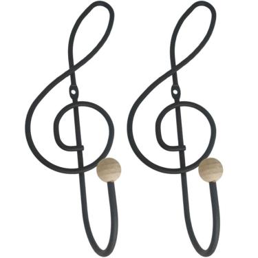 Imagem de Kit 2 Ganchos Cabideiros Aço Preto Cifra Música 28cm Suportes de Parede Pendurar Roupa Bolsas