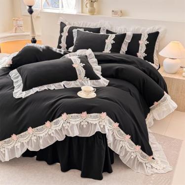 Imagem de MOOWOO Jogo de cama com babados de renda floral - Sweet Girl Chiffon Ruffles Conjunto de capa de edredom - 3 peças (1 capa de edredom completa 203 x 232 cm, 2 fronhas) Roupa de cama estética para
