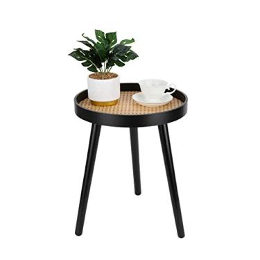 Imagem de Mesa lateral redonda de vime, mesa preta com detalhes pequenos, mesas laterais de cabeceira boho de meados do século para sala de estar, quarto, escritório e varanda