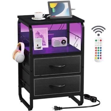 Imagem de Runjuly Mesinha de cabeceira com luz, mesa lateral LED com gavetas e estação de carregamento tipo C, mesa de cabeceira pequena com ganchos, mesa lateral de armazenamento para sala de estar, quarto,