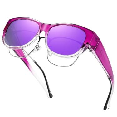 Imagem de GEGURI Óculos de sol Fit Over para mulheres e homens, óculos de sol olho de gato estreito, polarizados, 100% de proteção UV400, Lente roxa com armação roxa gradiente tamanho M, Normal