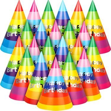 Imagem de 60 peças de chapéus de festa de aniversário, arco-íris para crianças, chapéus de cone de papel para adultos, divertidos e coloridos, chapéus de festa de feliz aniversário, bonés artísticos para