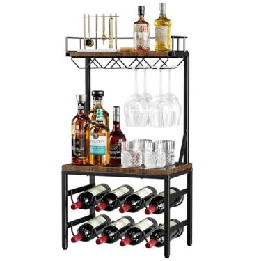 Imagem de Nuovoware Armário de bebidas de 3 camadas com rack de vinho, suporte independente para bebidas com 8 garrafas para minibar, rack de vinho versátil independente com mesa e 8 suportes de vidro, preto +