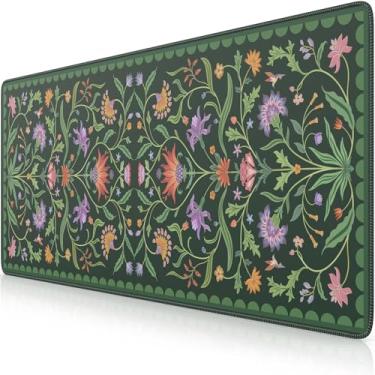 Imagem de iLeadon Tapete de mesa para teclado e mouse, capa de computador floral grande com superfície lisa de lycra, mouse pad de mesa completo para laptop, tapete de teclado para escritório, casa, verde