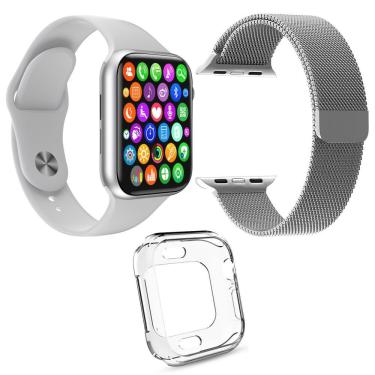 Imagem de Kit 1 Relógio Smartwatch Branco + 1 Pulseira Aço + 1 Case