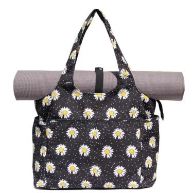 Imagem de ESVAN Bolsa de ioga, bolsa de ombro feminina, bolsa de ombro para viagem, escritório, treino, academia, enfermeira, praia (flor preta de lona)